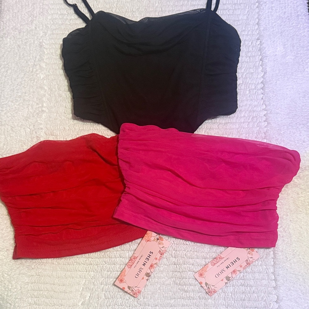 3-TOP LOT!! 1-Black-CORSET,Zip-Up & 1-Red 1-PiNK,TUBE-Tops(BNwTs) Size-SMALL
